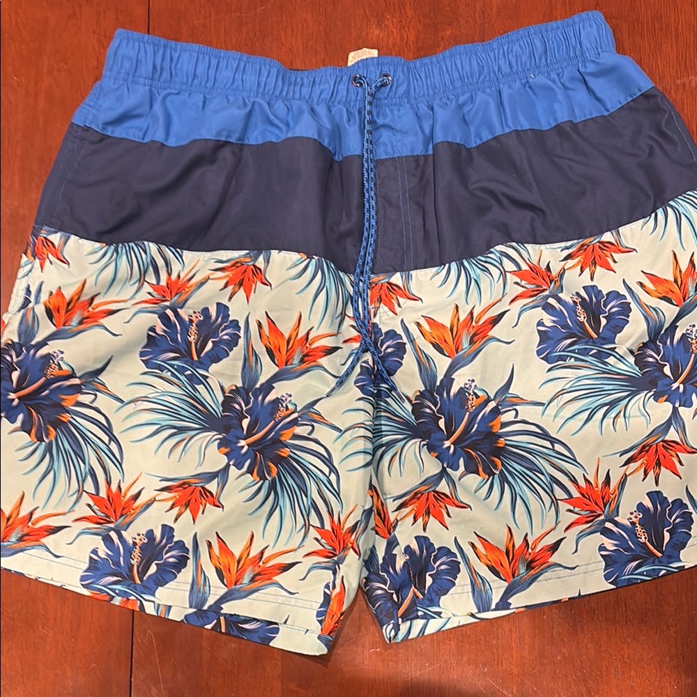 Faded Glory Blue and Cream Swim Trunks with Tropical Print